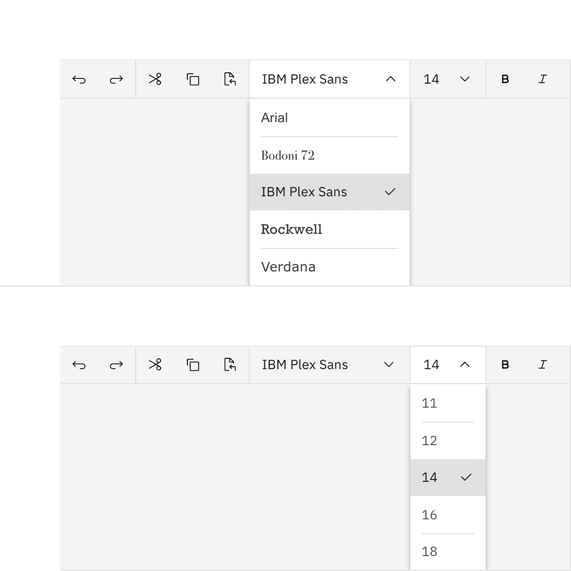Text toolbar dropdowns. Text toolbar dropdowns.