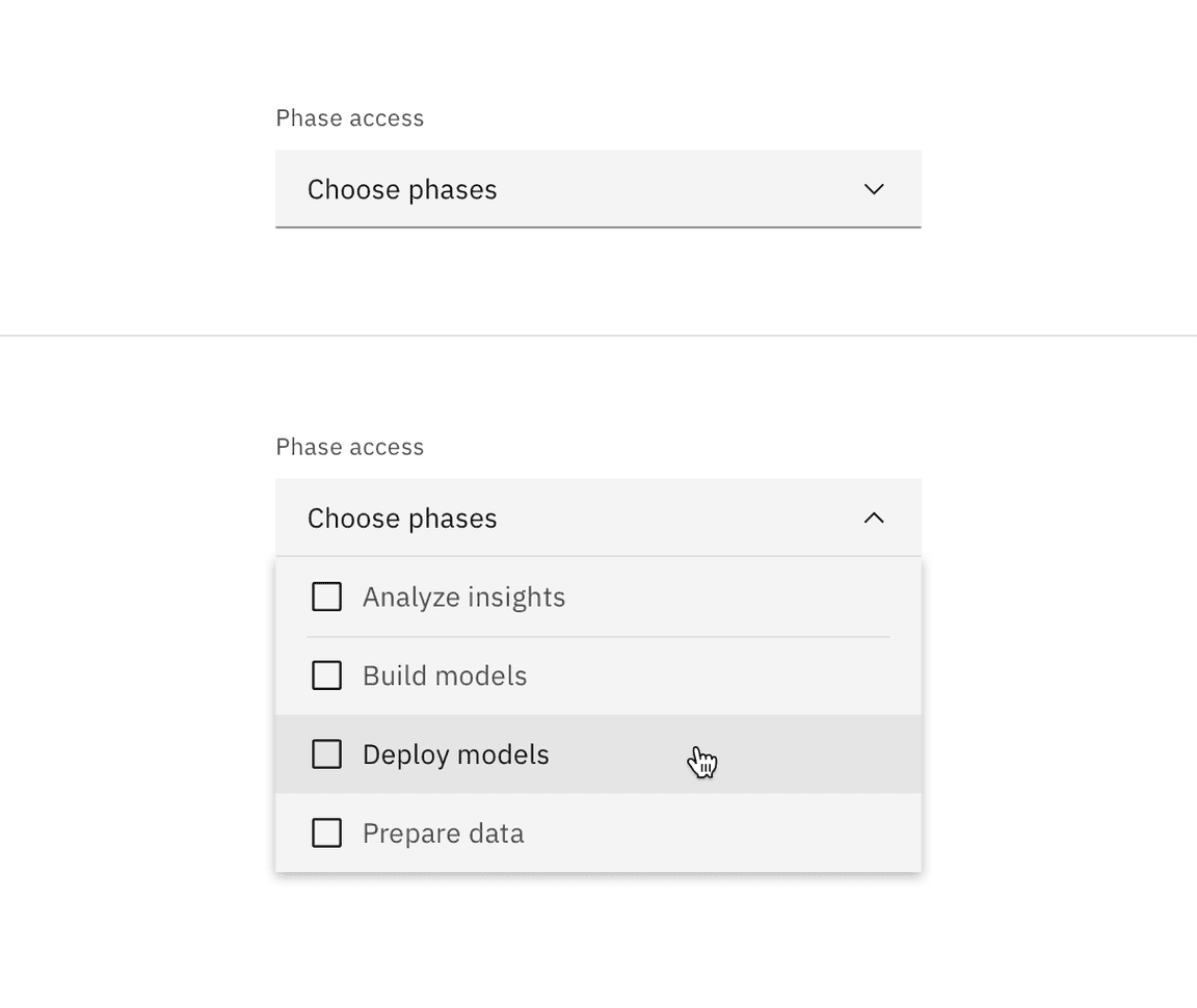 Default multiselect dropdown closed and open states.