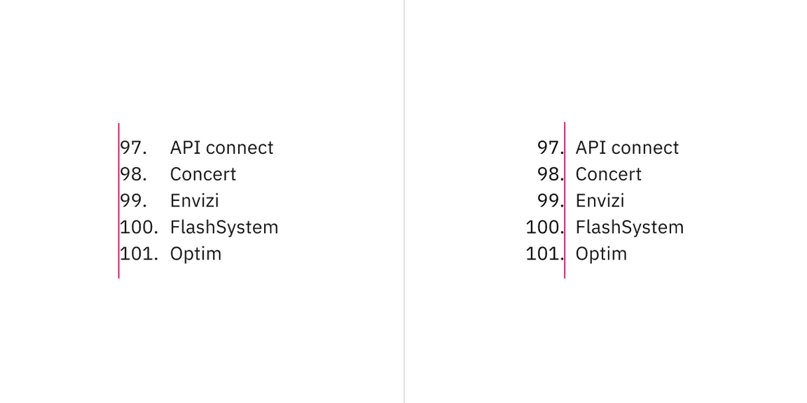 Number alignment in ordered lists for two or more digit items.