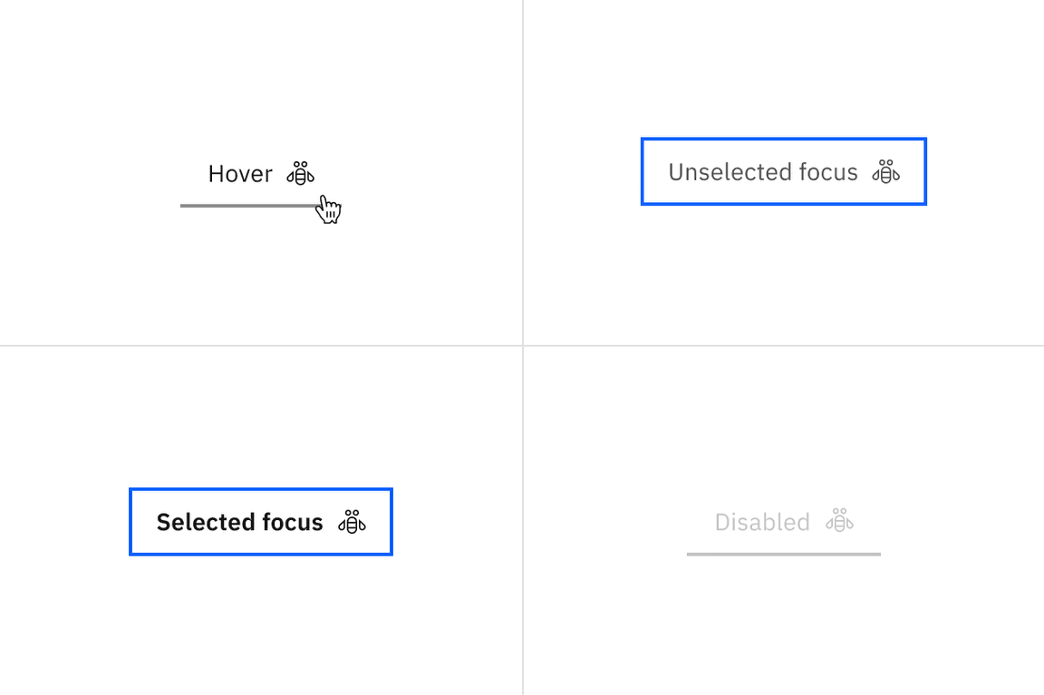 Examples of hover, unselected focus, selected focus, and disabled states for line tabs.