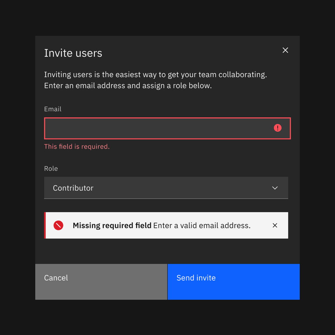 Example of inline notification supporting an error message on a form