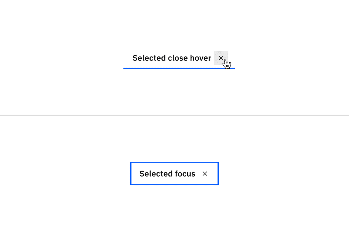 Examples of selected close hover and selected focus states for dismissible line tabs