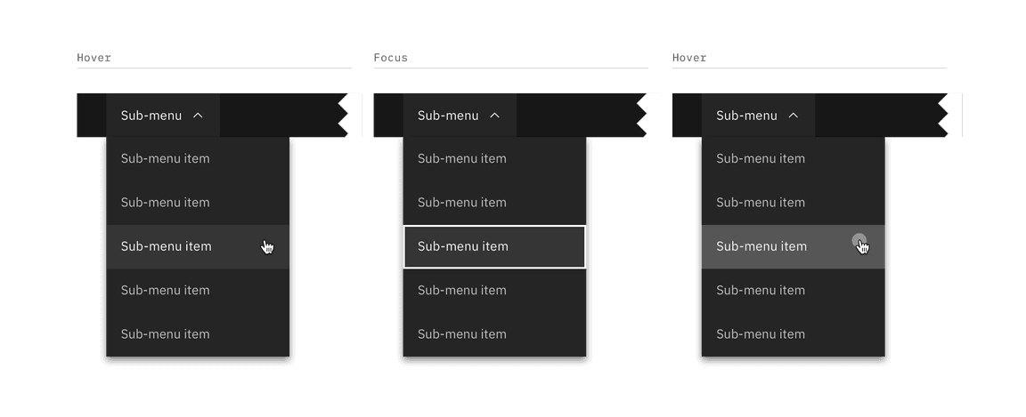 Sub-menu interactive states Sub-menu interactive states