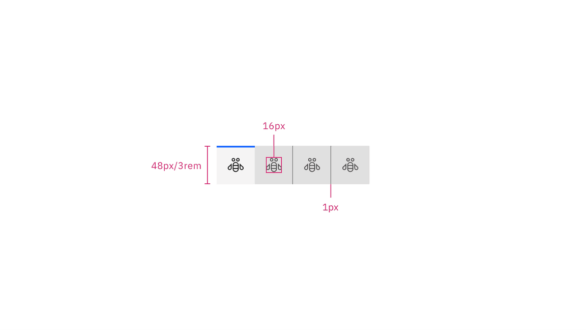 Structure and spacing measurements for icon-only contained tabs in px and
  rem