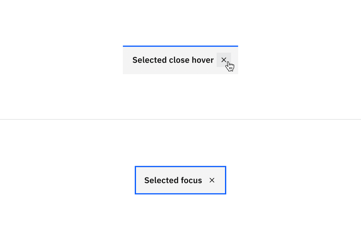 Selected close hover and selected focus states for dismissible contained
tabs.