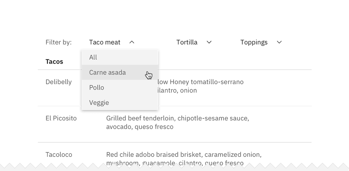Example of a single selection filter in an inline dropdown Example of a single selection filter in an inline dropdown