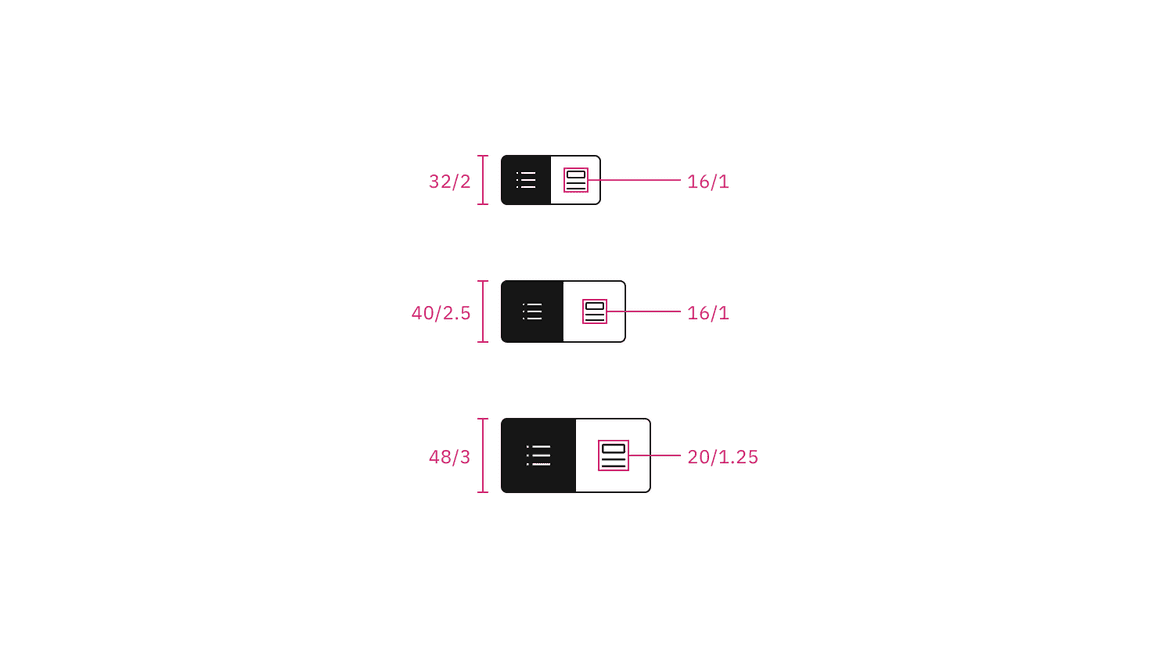 Icon content switcher sizes | px / rem