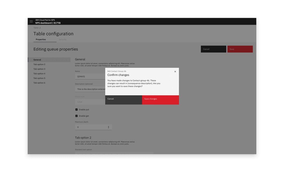 Example of a modal warning users of the consequences of saving after a full-page edit Example of a modal warning users of the consequences of saving after a full-page edit