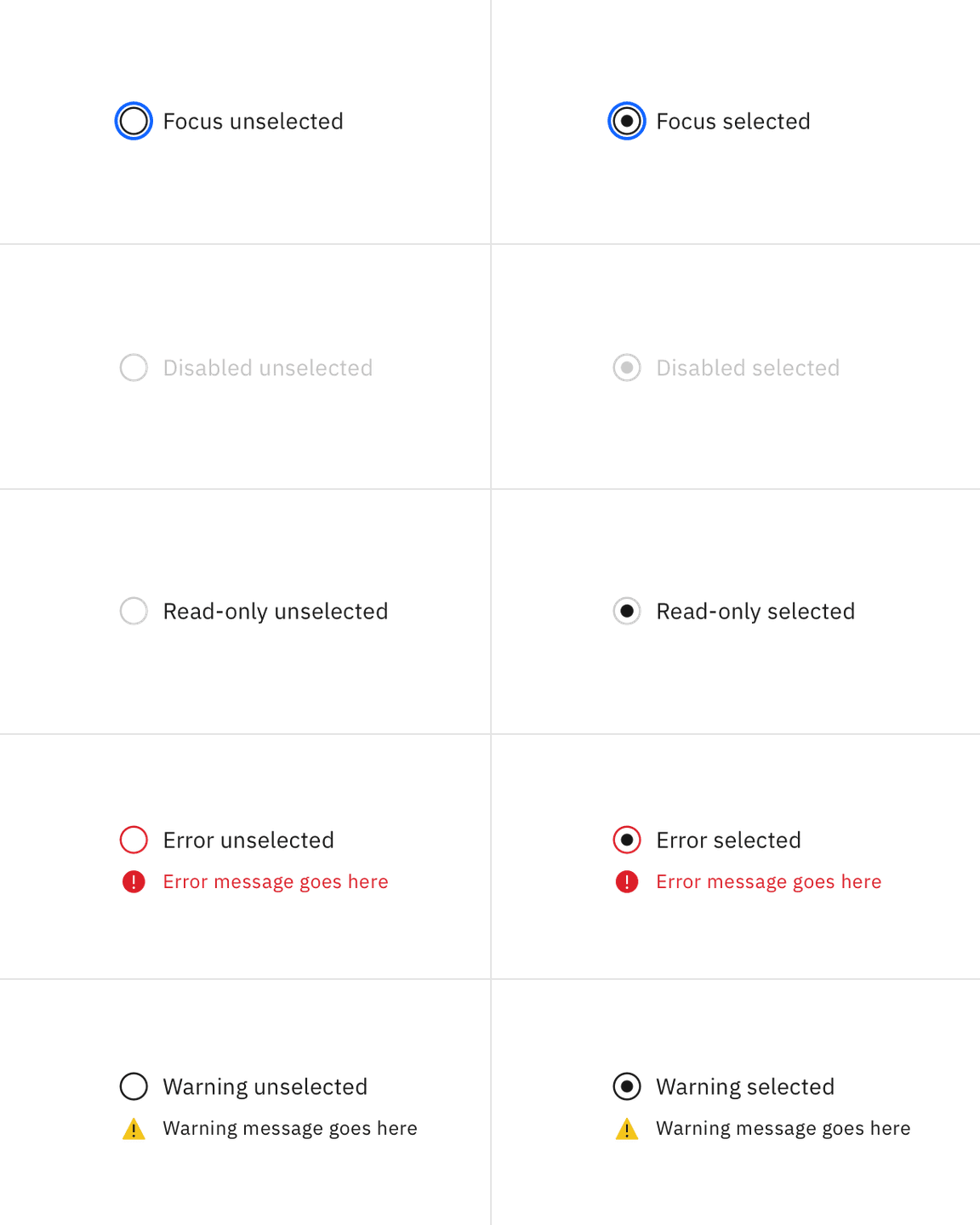 Examples of focus, disabled, read-only, error, and warning states Examples of focus, disabled, read-only, error, and warning states