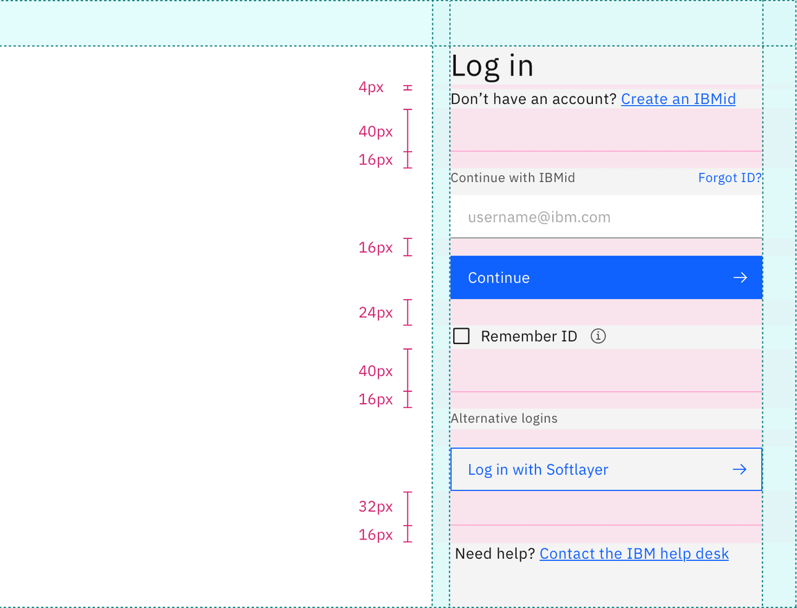 Specs for margins and vertical spacing in a split-screen login form with a default input