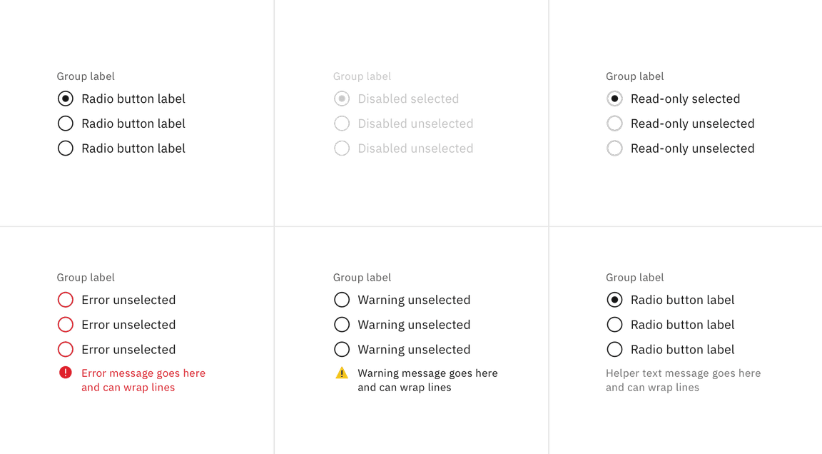 Examples of focus, disabled, read-only, error, and warning states Examples of focus, disabled, read-only, error, and warning states