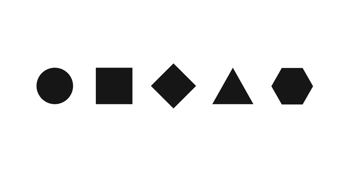 A circle, a square, a diamond, a triangle and a hexagon A circle, a square, a diamond, a triangle and a hexagon