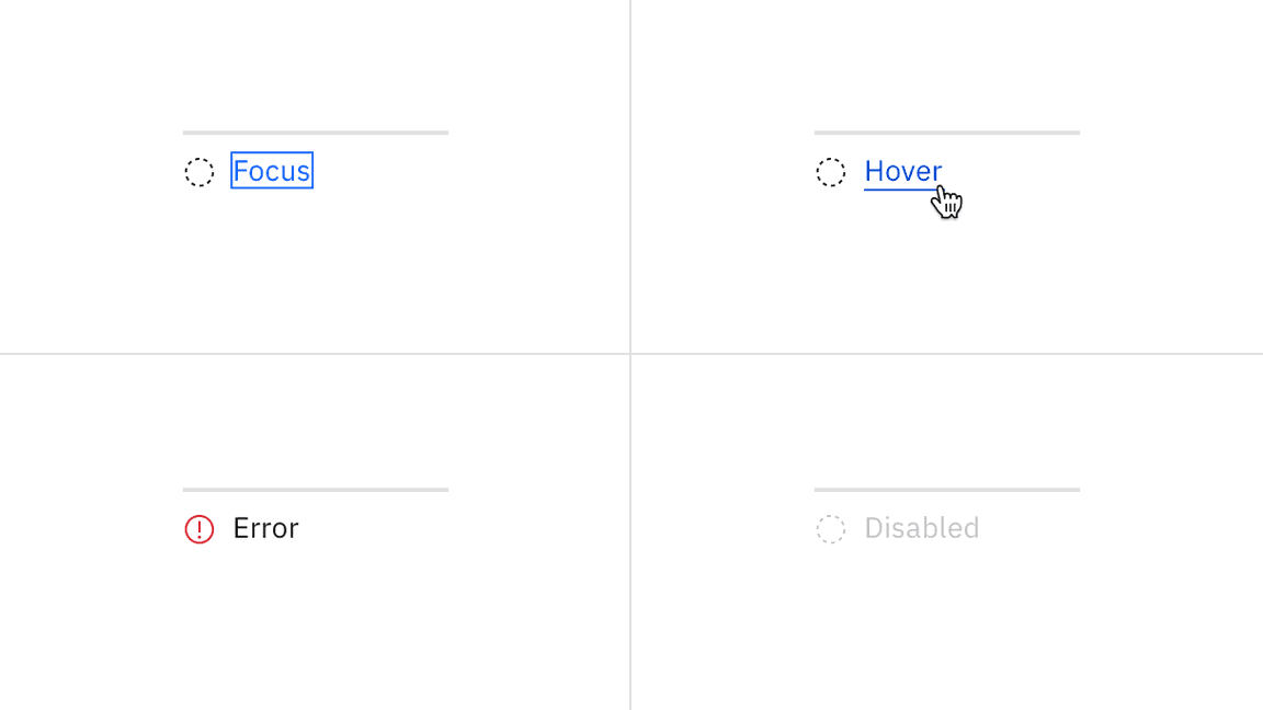 Examples of focus, hover, error, and disabled states for progress indicator